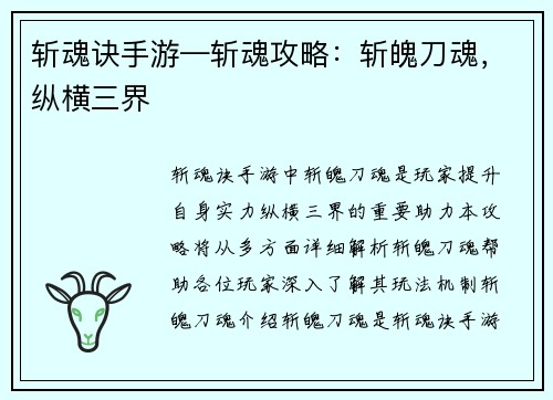 斩魂诀手游—斩魂攻略：斩魄刀魂，纵横三界